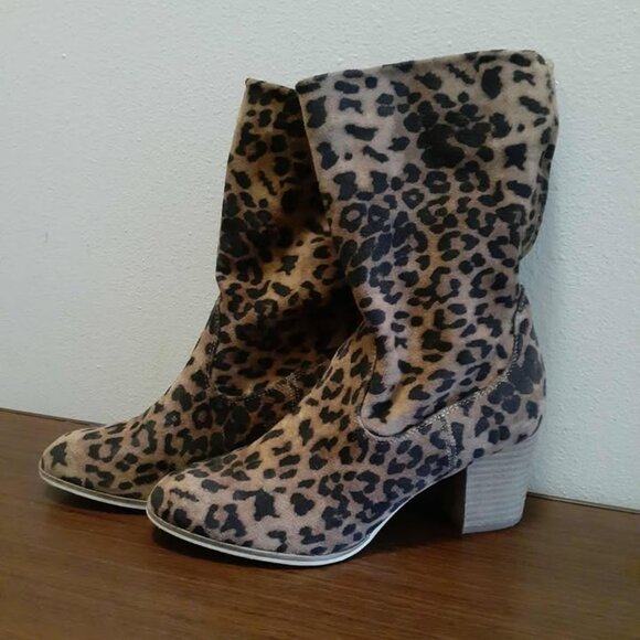 Hey Girl by Corky’s Wicked Leopard Faux Suede Slip On Soft Shaft Heeled Boots - Picture 2 of 3